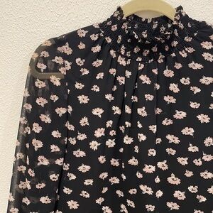 Madewell Black Seattle Floral Mistlight Mockneck Smocked Long Sleeve